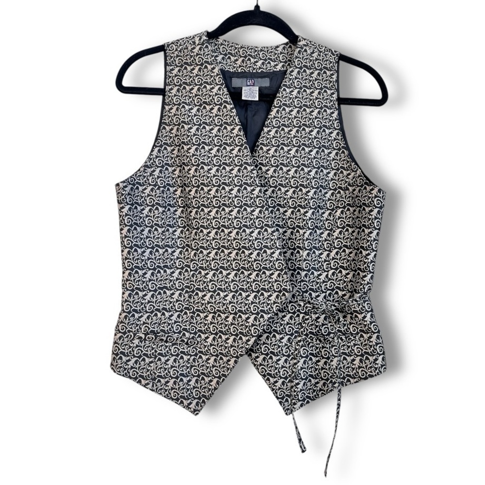 VTG Gap Silver Brocade Floral V neck Women’s Tie Front Vest- Dark Academia Style